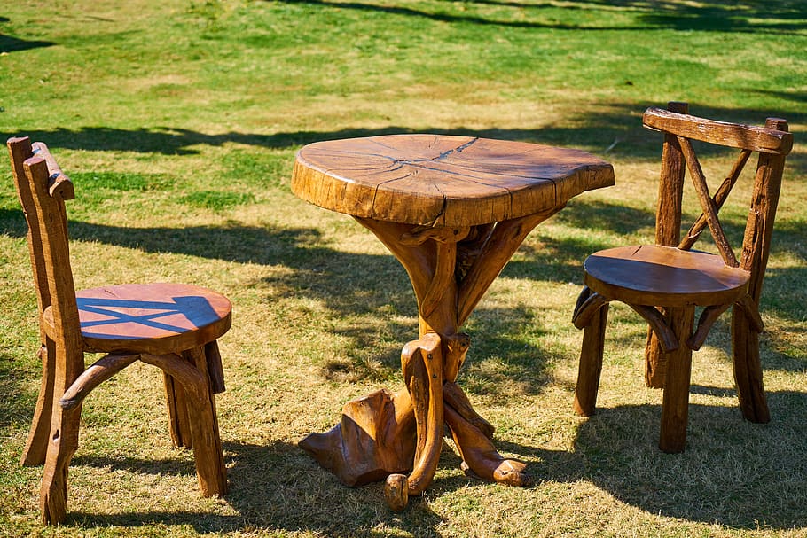 table, wood, grass, green, cafe, nature, furniture, retro, old, natural