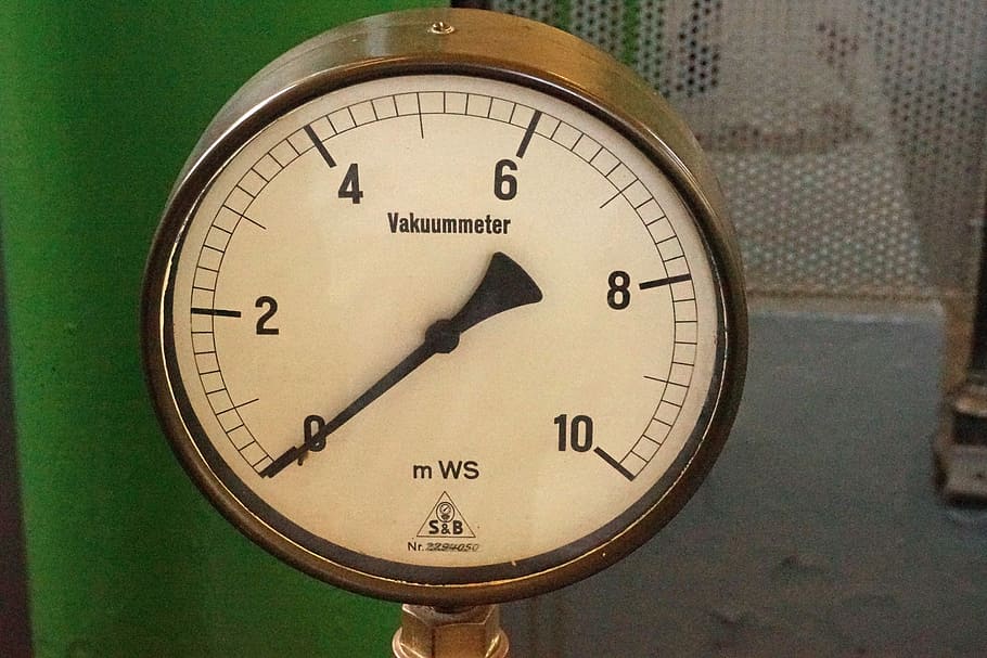Vacuum Gauge, Ad, Old, gauge, elementos de control, visualización de presión, número, primer plano, tiempo, interiores
