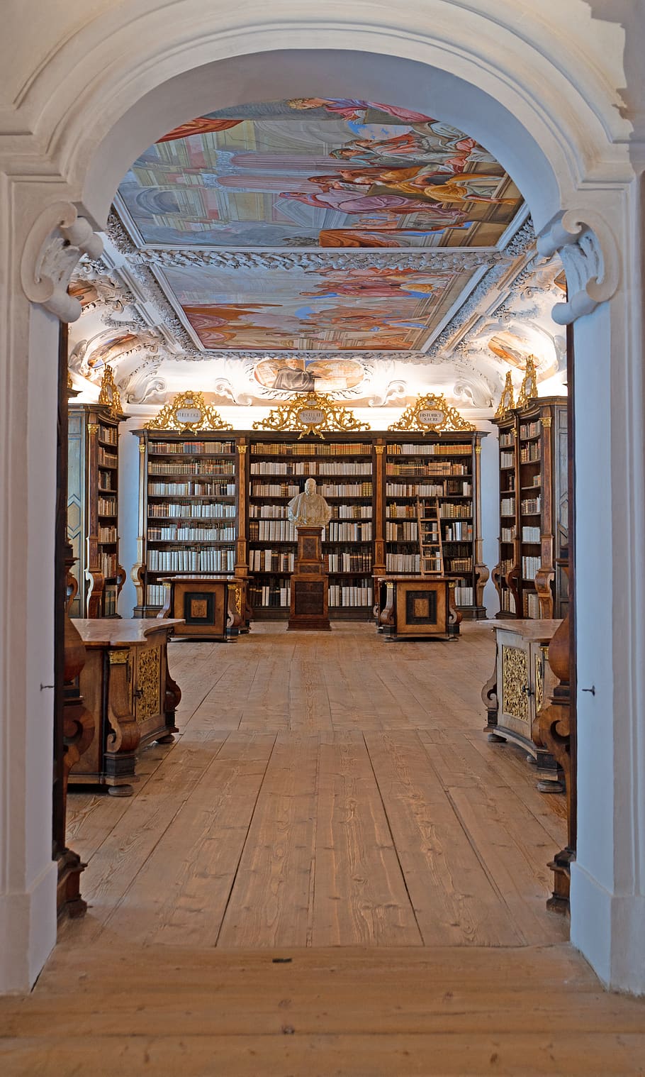 books, statue, old, library, ceiling frescos, abbey library, architecture, indoors, flooring, building
