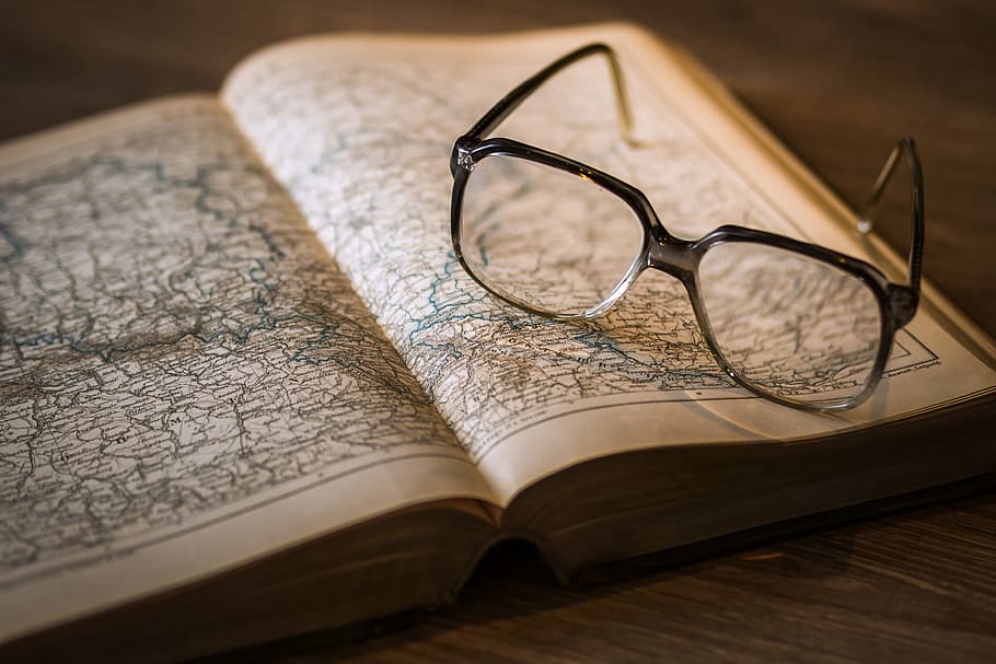open, book, reading glasses, Map, open book, various, books, education, learning, maps
