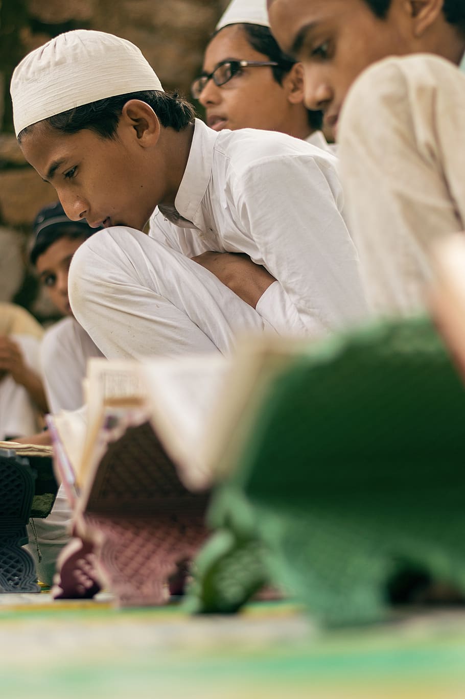 muslim boy, reading quran, india, young boy, men, selective focus, group of people, child, real people, people