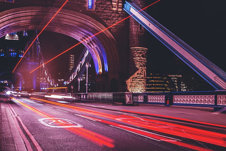 jejak cahaya mobil, Lalu Lintas, mobil, cahaya, jalur, Jembatan Menara, London, perkotaan, malam, jalan