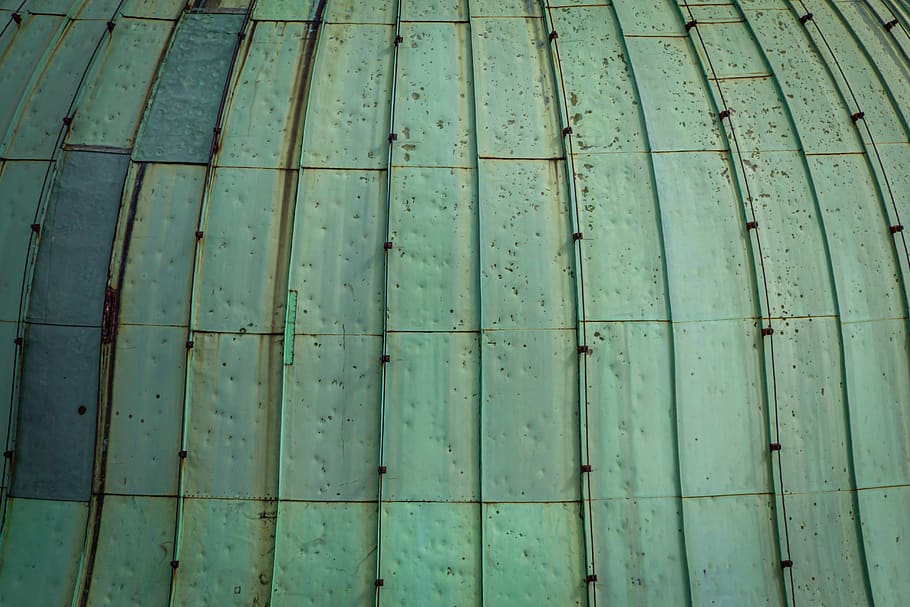 patina, metal, copper, roof, round, weathered, old, corrosion, pattern, structure