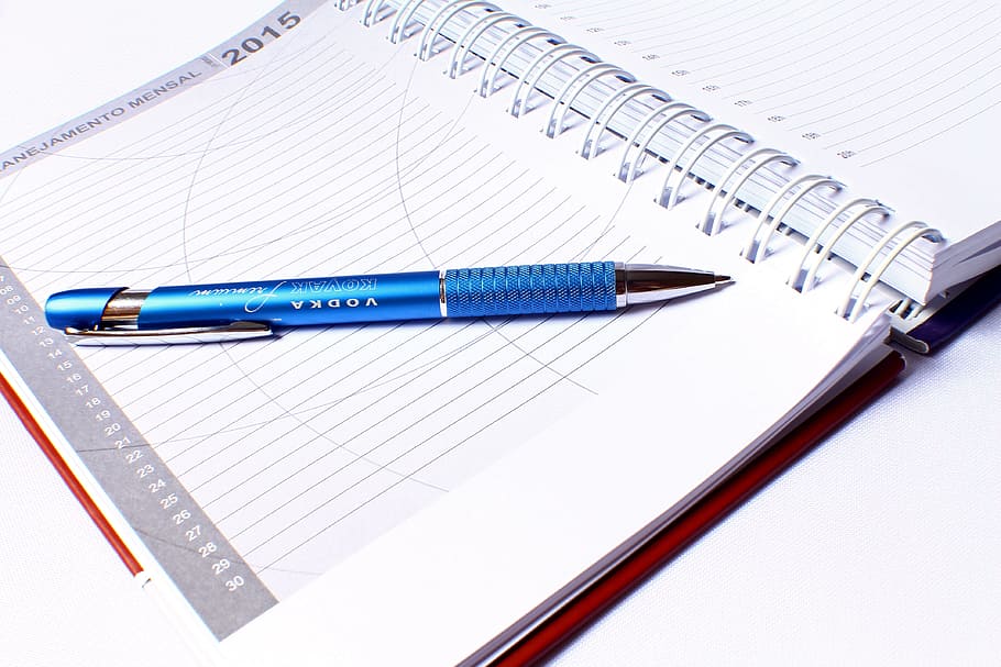 biru, klik pena, buku catatan, Agenda, Perencanaan, Penjadwalan, catatan, penandaan, pena, bisnis