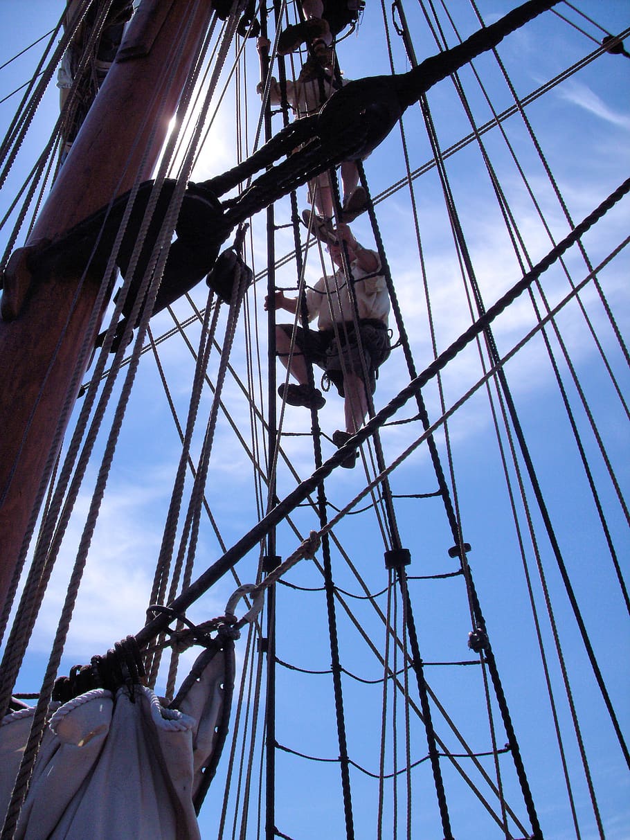 sailor, sailing ship, rigging, climbing, ship, sailboat, ocean, vessel, nautical, voyage