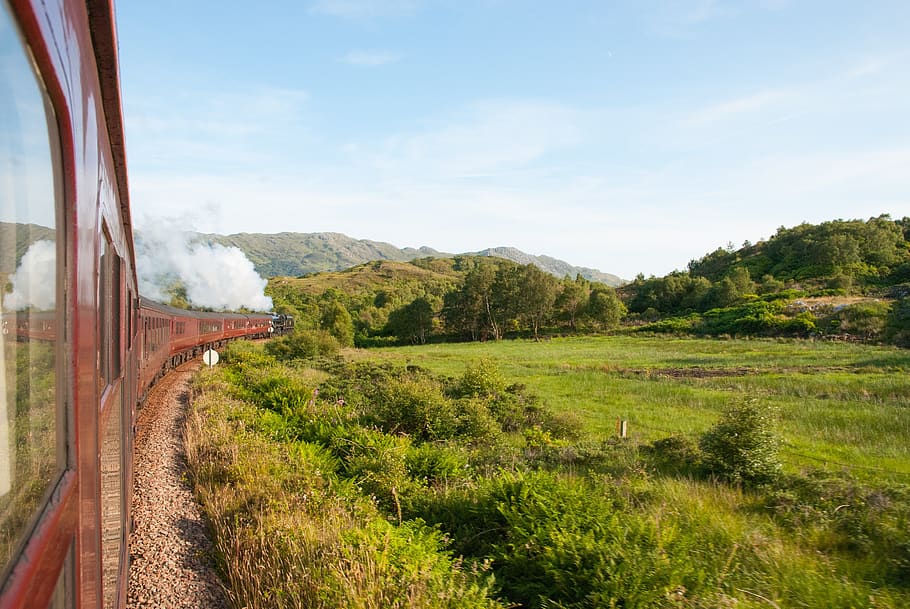 steam train, scotland, fort williams, harry potter route, plant, sky, transportation, landscape, environment, tree