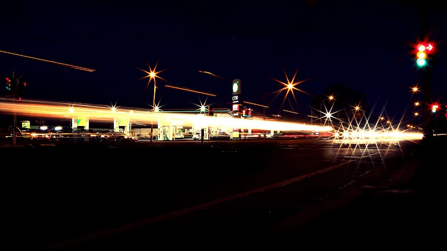 timelapse photography, road, nighttime, time, lapse, photography, cars, gas station, service station, pumps