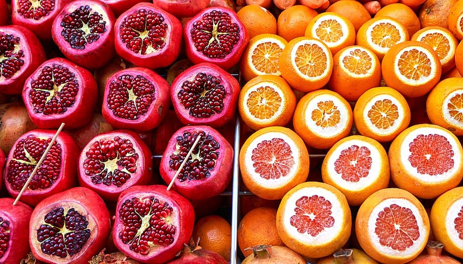 two, round, red, orange, fruits, market, fruit, oranges, pomegranates, pomegranate