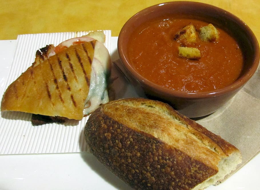 soup, sandwich, bread, tomato bisque, crusty, meal, panini, food, bisque, ham