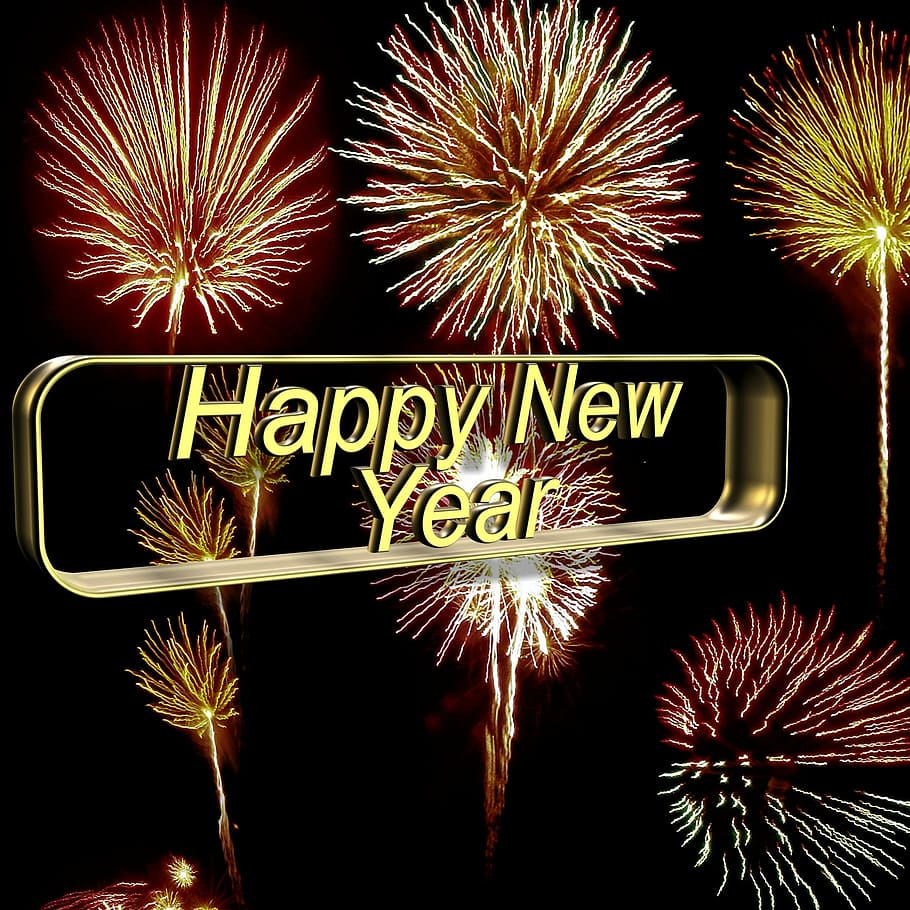 fireworks display, happy, new, year text overlay, greeting card, happy new year, fireworks, turn of the year, gold, glitter