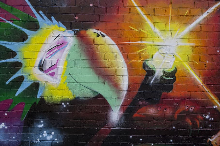 capturado, urbano, pared, arte callejero, ladrillo, graffiti, luz, multicolores, música, arte