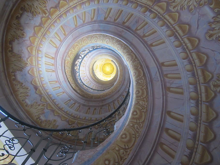 low, angle, white, yellow, floral, spiral staircase ceiling, staircase, snail, spiral staircase, architecture