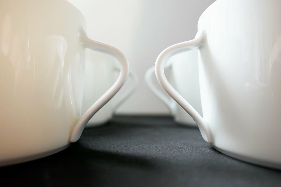close, four, white, ceramic, mugs, cup, coffee mugs, cafe, break, coffee