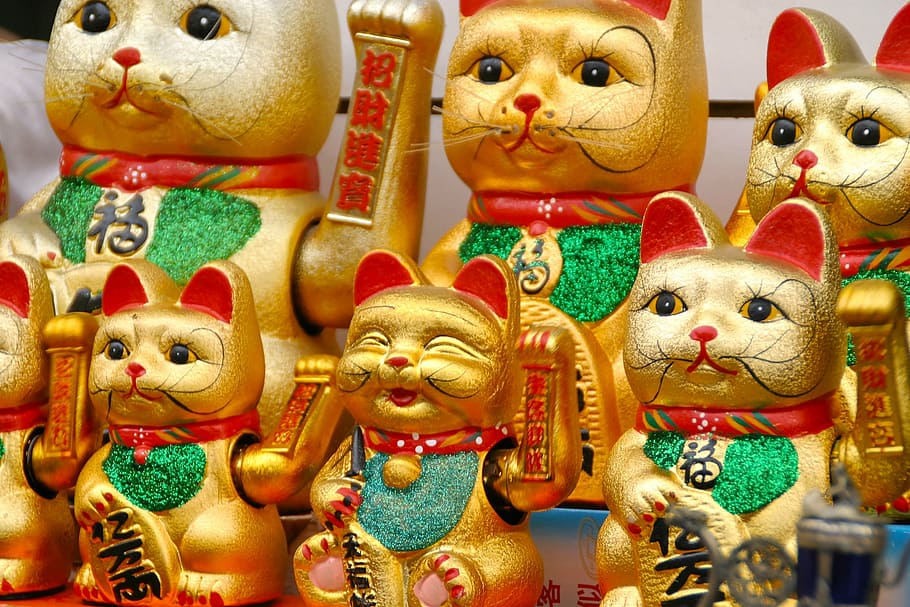 montón de maneki-neko, ola, gato, deco, amuleto de la suerte, japonés, agitando gato, figura, asia, chino