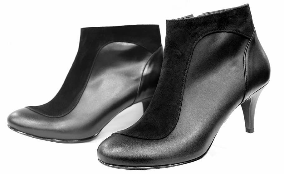 pair, women, black, leather kitten heeled booties, shoe, hill, fashion, shoes, booty, elegance