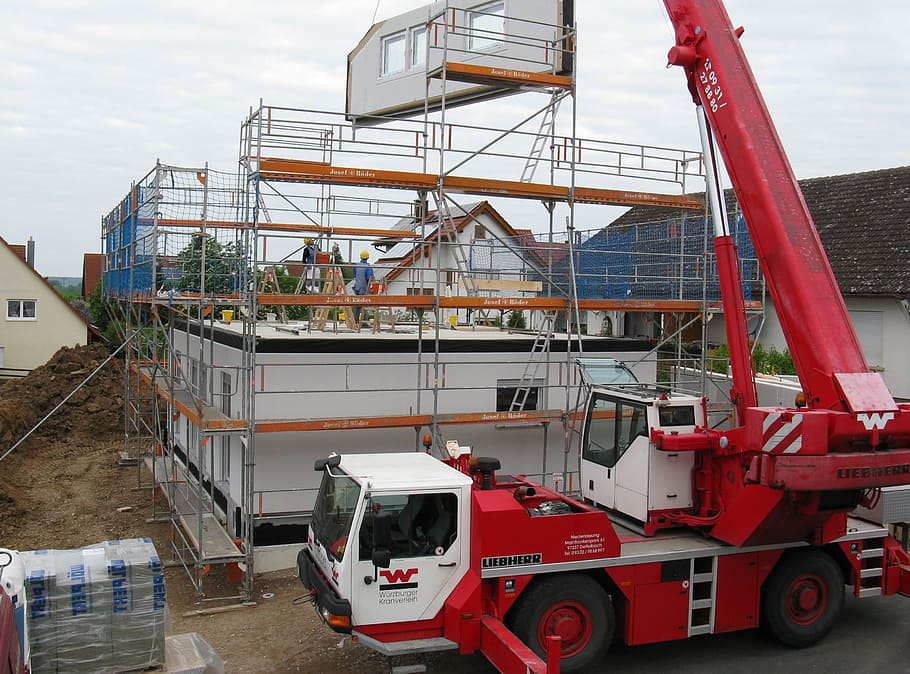 red, white, crane truck, lifting, building frame, house construction, new building, single family home, site, material