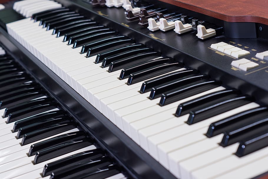 hitam, coklat, piano organ, organ, organ elektronik, alat musik, musik, kunci, drawbar, manual atas
