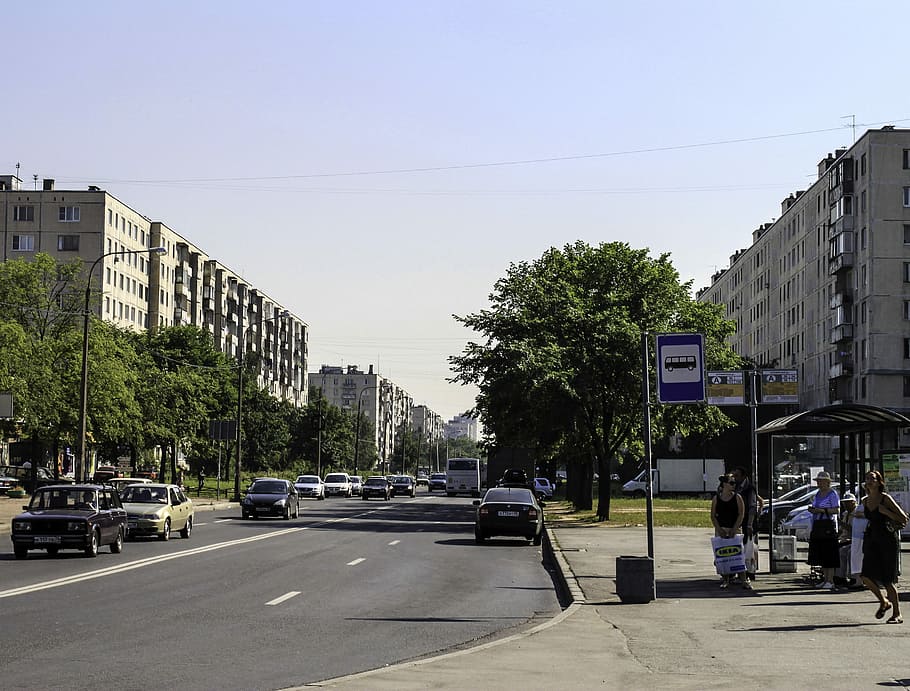 soviet, era buildings, Soviet Era, Buildings, Saint Petersburg, Russia, public domain, road, street, urban Scene