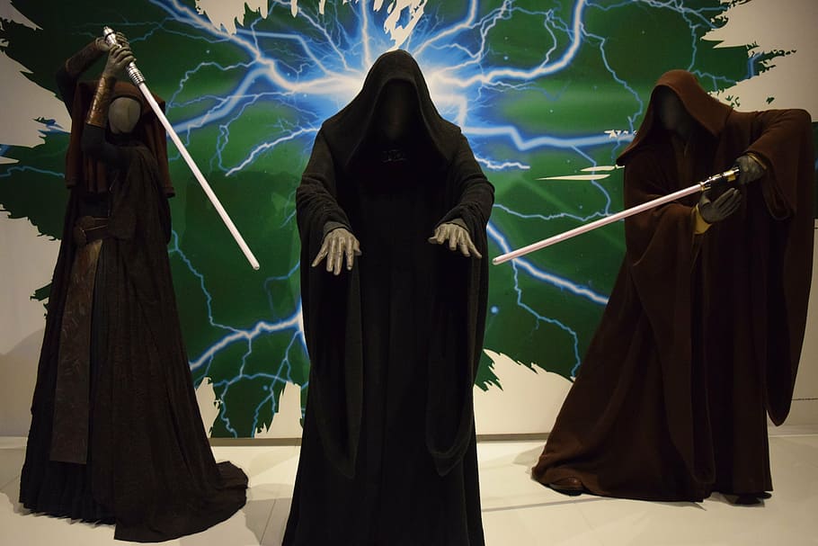 three, grim, reaper statues, sith, starwars, costume, cloaks, outfits, emt, light saber