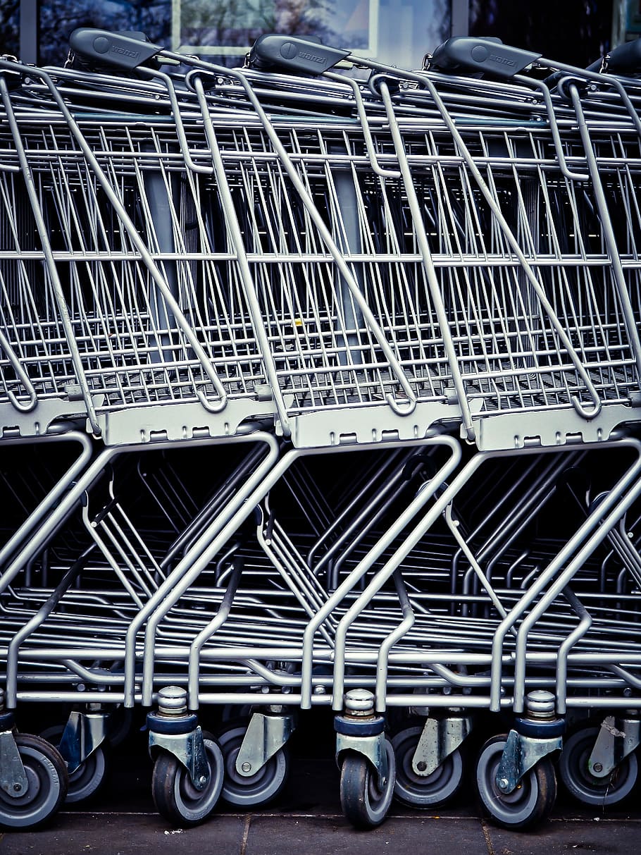 silver shopping cart lot, shopping cart, shopping, supermarket, purchasing, trolley, trolleys, transport, consumption, grocery store