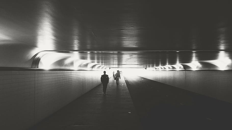 man, walking, tunnel, people, black, white, lights, strangers, city, personal