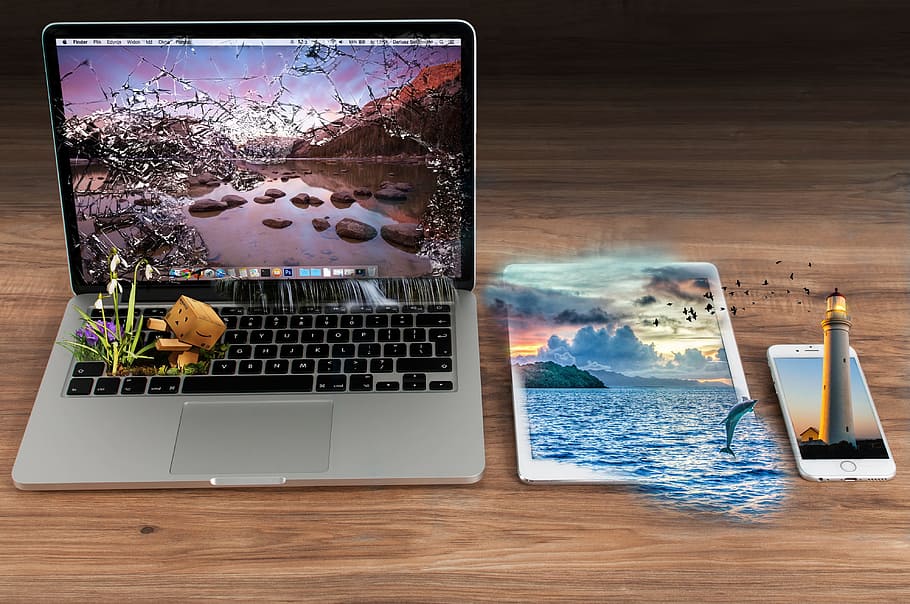 silver macbook, white, ipad, iphone 6, wooden, panel, background, waters, computer, laptop