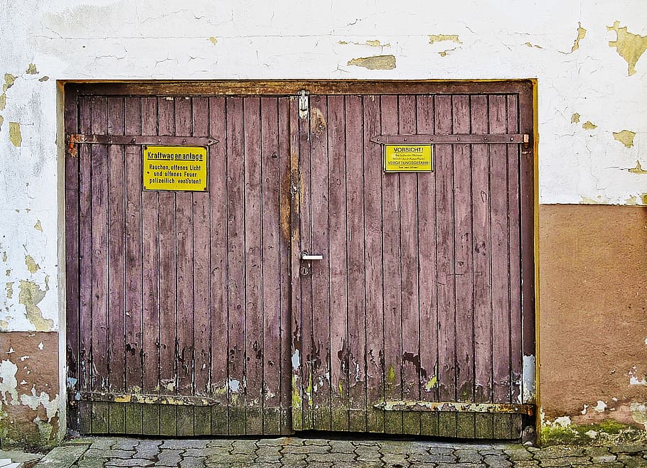 garage door, goal, wooden gate, facade, grunge, weathered, old, old gate, run down, flaked off