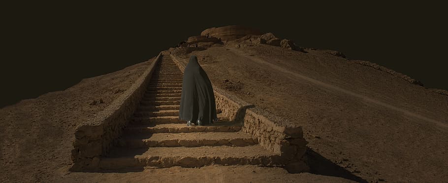 desert, panoramic, person, trap, mountain, religion, ancient times, old cemetery, iran, staircase