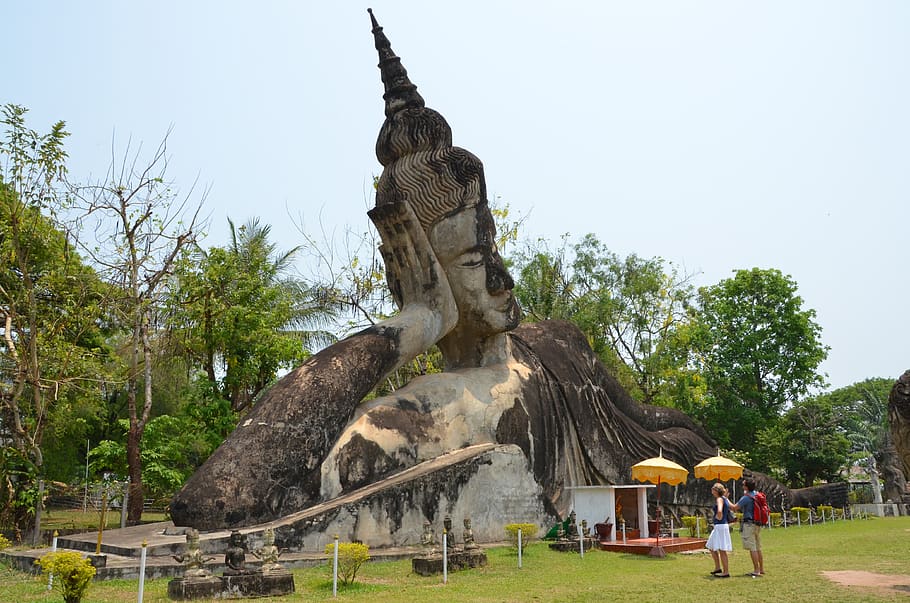 buddha park, vientiane, laos, tree, plant, sculpture, statue, art and craft, nature, sky