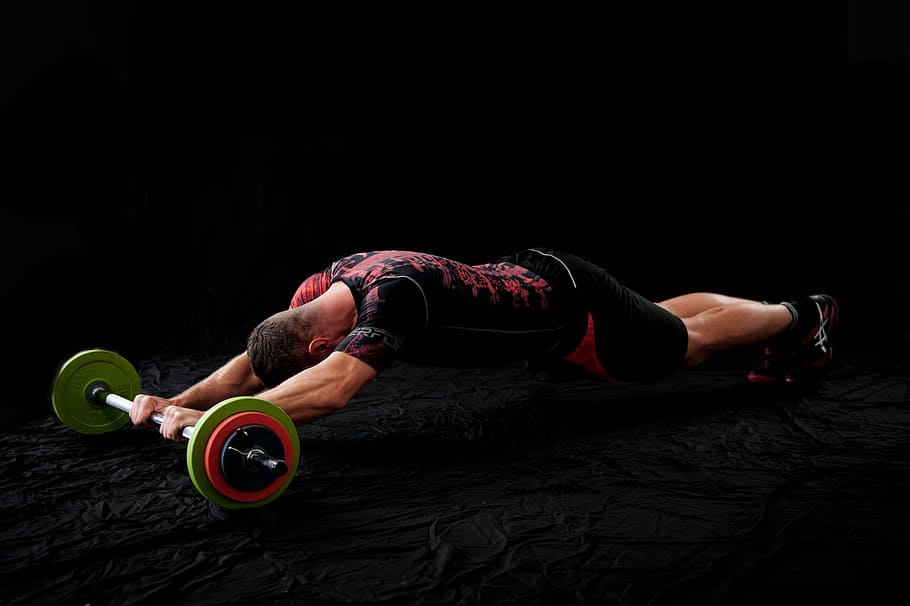 man, exercise, using, barbell, plank position, black, surface, kettlebell, fitness, crossfit