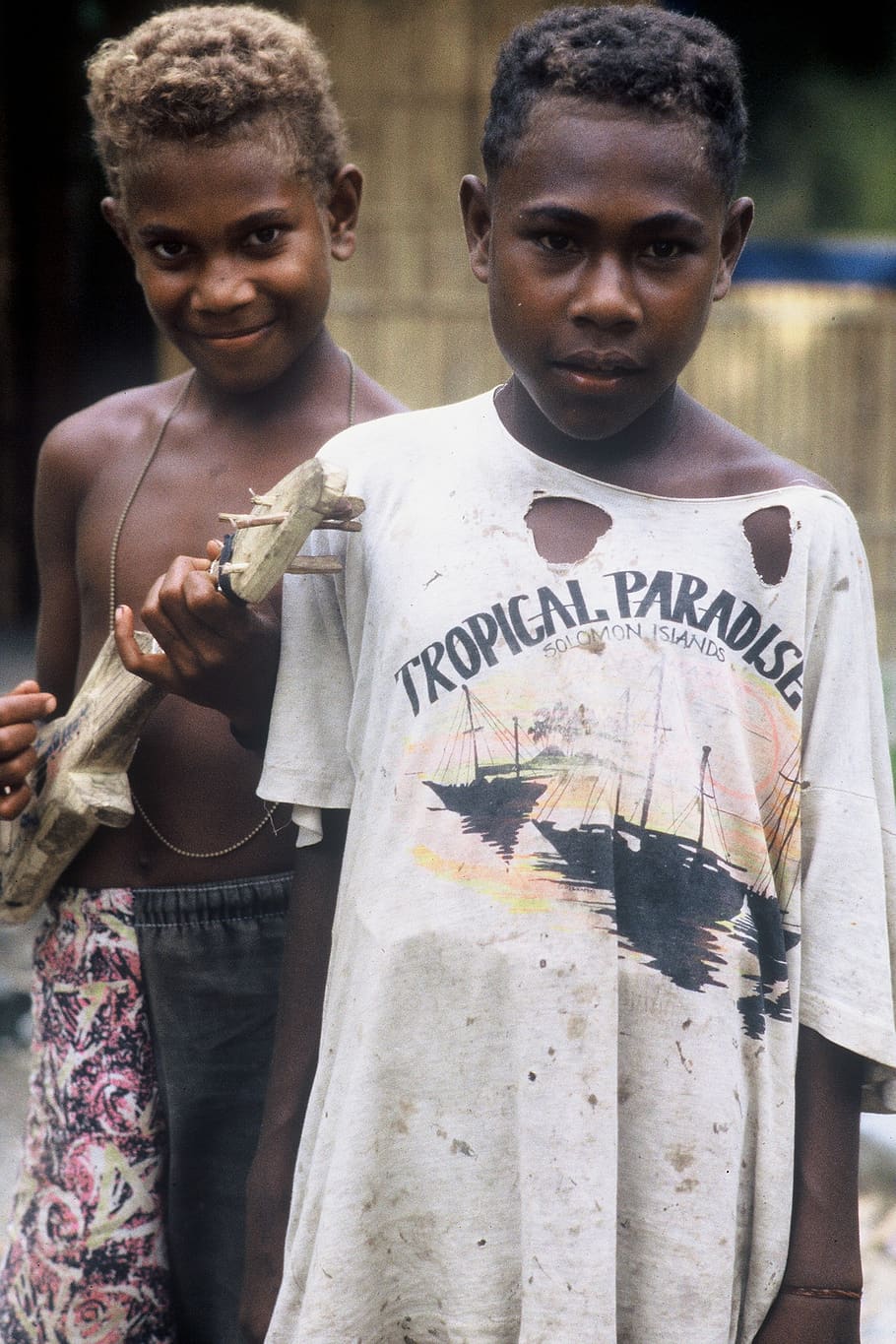 poverty, the solomon islands, rags, happy, children, looking at camera, portrait, real people, boys, front view