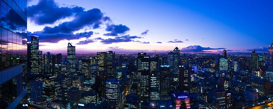 paisagem urbana ao entardecer, crepúsculo, paisagem urbana, Melbourne, Victoria, Austrália, edifícios, foto, horizonte, paisagem urbana iluminada