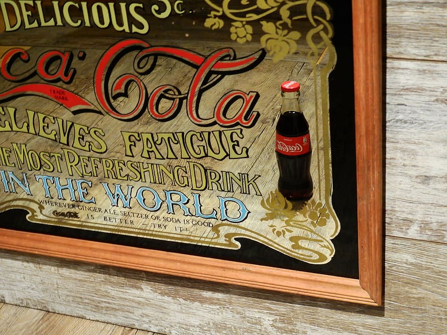 coca cola, cola, publicidad, espejo, antiguo, letrero publicitario, escudo, logotipo, reklameschild, marca