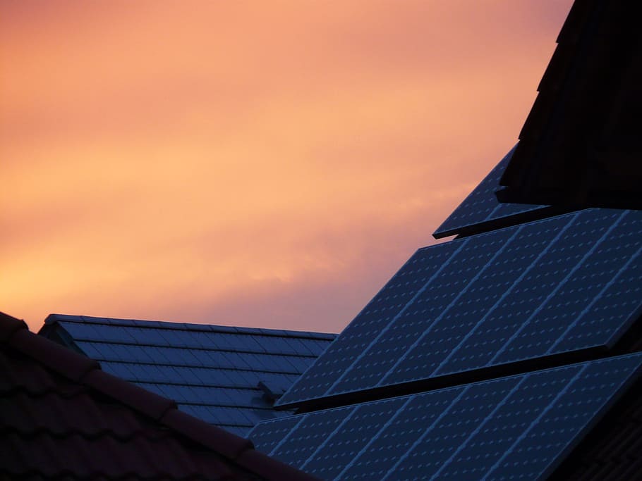 view, solar, panels, roof, solar cells, home, sunset, afterglow, technology, solar power
