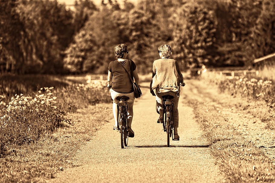 two, women, riding, bicycles, road, person, woman, together, two women, friends