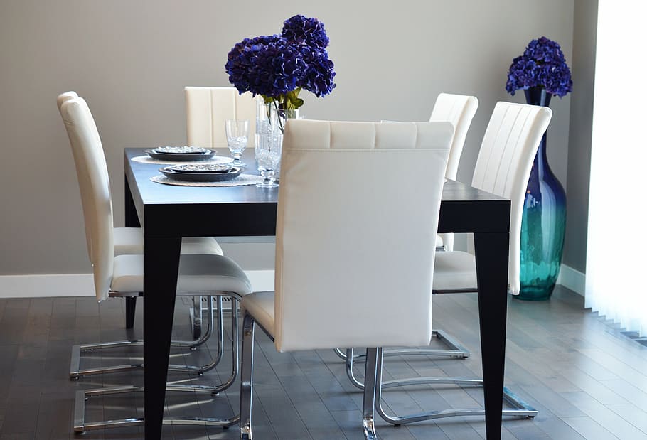 rectangular, black, wooden, table, chairs dining, set, dining room, chairs, home, interior
