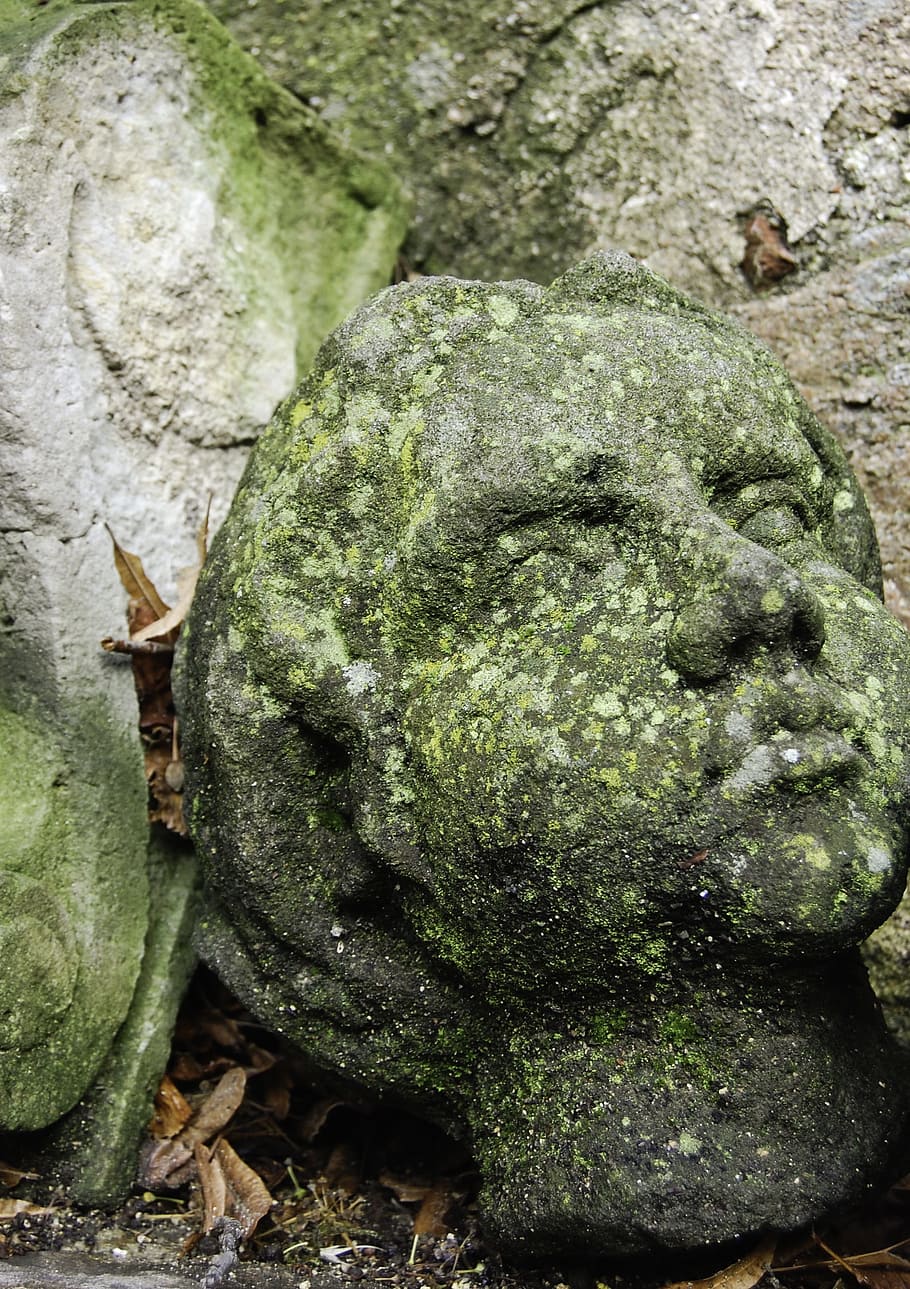 head, stony, face, figure, sculpture, statue, woman, close-up, green color, art and craft