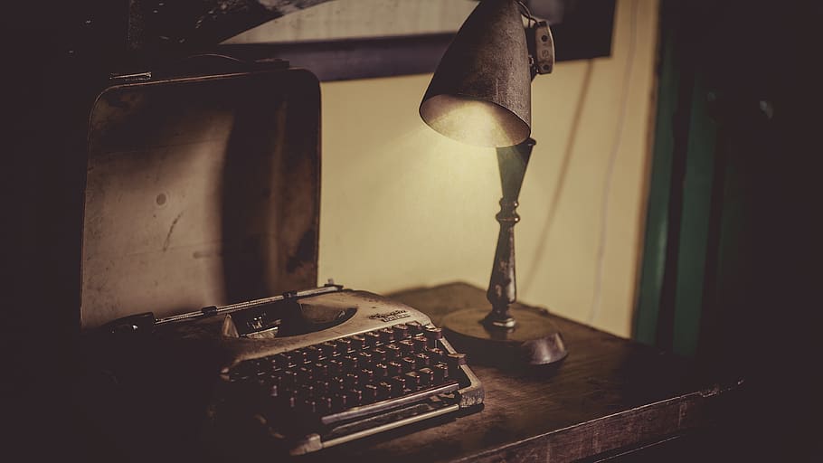 máquina de escrever, luz, abajur, vintage, retro, antiguidade, escrivaninha, móveis, antigo, mesa