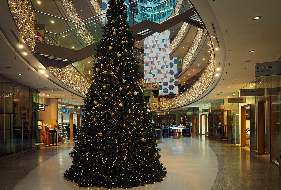 modern, architecture, city, light, building, christmas, shopping centre, within, illuminated, christmas tree