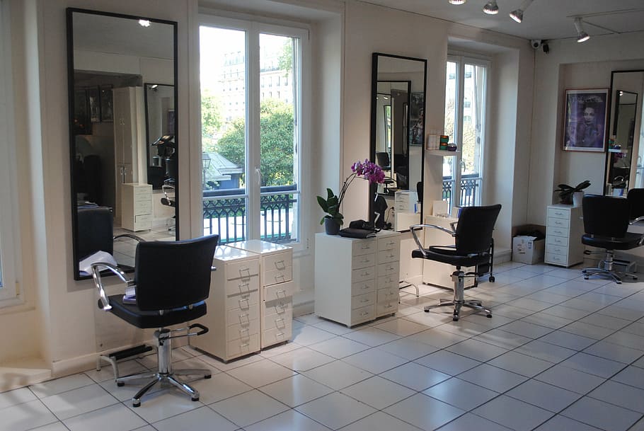 putih, kayu, kabinet, di dalam, salon, penata rambut, toko tukang cukur, ruang tamu, kecantikan, modern
