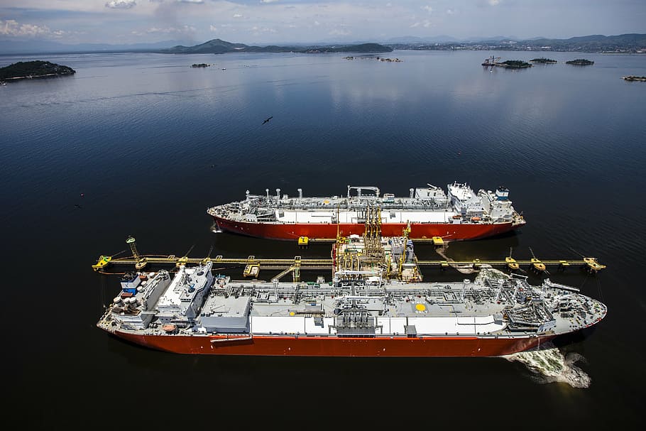 plataforma de petróleo, dois, navios, gás, petroleiro, baía, carga, expedição, água, paisagem