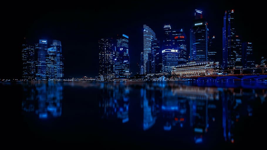 reflexivo, foto, ciudad, noche, Singapur, rascacielos, ciudad moderna, arquitectura, reflexión, agua