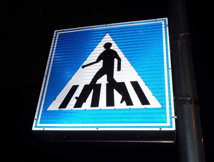 Traffic Signal, Pedestrians, Transit, blue, triangle shape, black background, day, close-up, human representation, representation