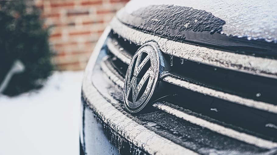 volkswagon, vw, car, snow, winter, ice, cold, blue, grille, focus on foreground