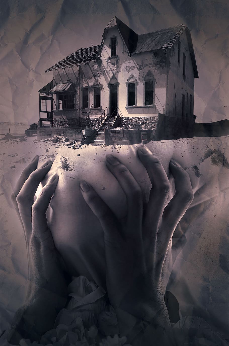 person, hand, house illustration, fantasy, book cover, home, hands, mysticism, mysterious, mood