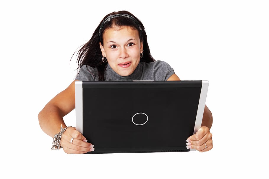 mujer, tenencia, negro, tableta, soplado, comunicación, computadora, conexión, rápido, internet