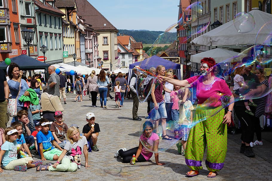 Clown, Rottweil, Children, funny, soap bubbles, fun, large group of people, incidental people, people, day