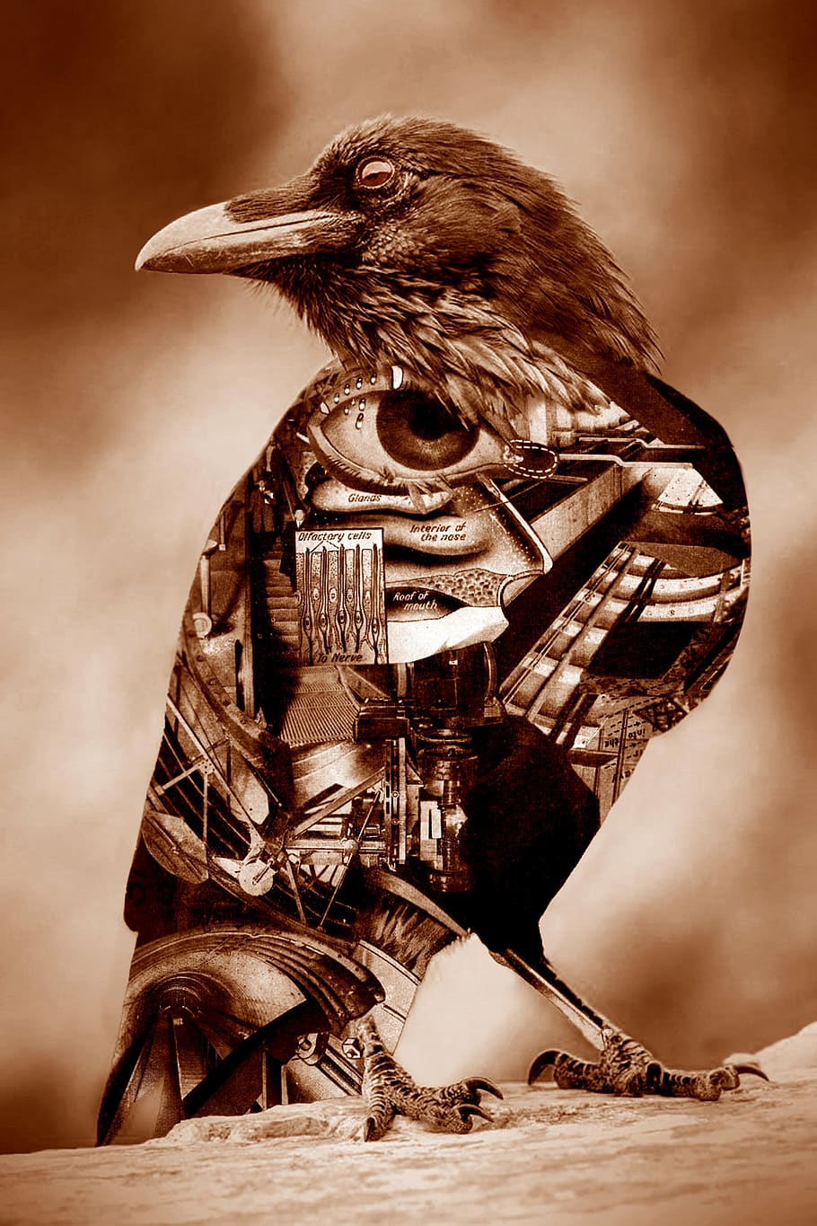 cuervo, pájaro, collage, surrealista, encaramado, al aire libre, plumaje, curioso, animal, un animal