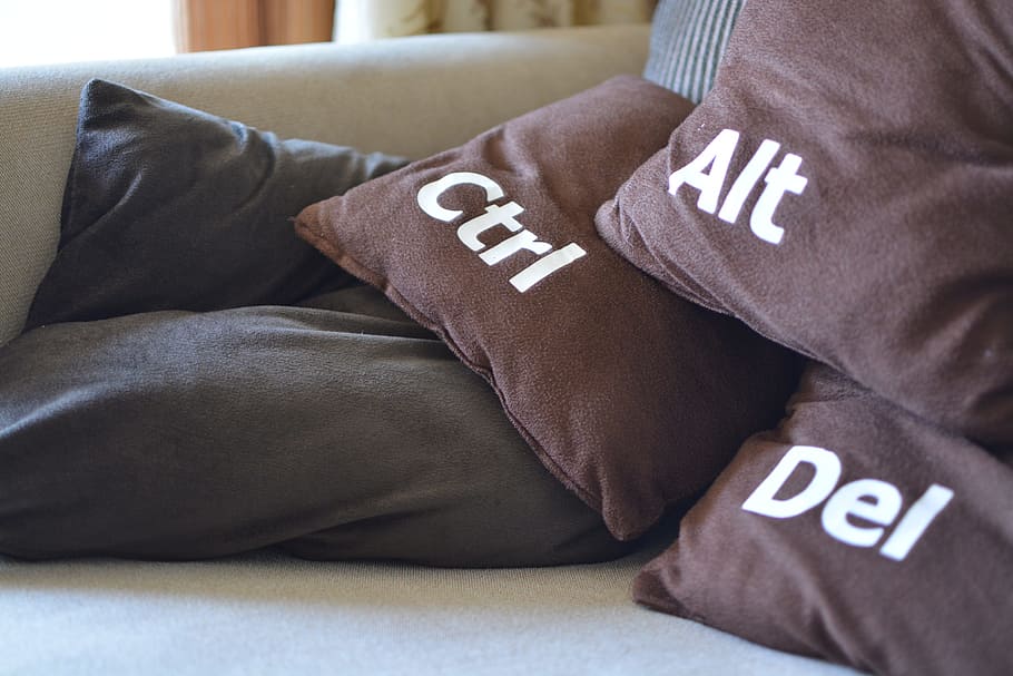 three, brown, throw, pillows, gray, sofa, restart, cushions, funny, ctrl-alt-del