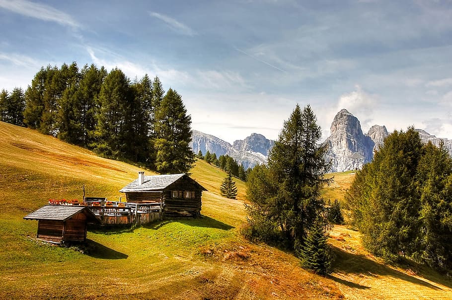 verde, árboles, casa, azul, cielo, Dolomitas, montañas, Italia, Tirol del Sur, alpino
